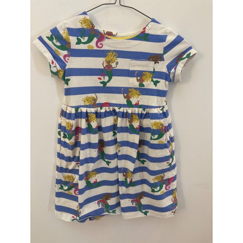Mini Boden Girls Blue & White Striped Dress With Mermaid Print Short Sleeves Poc